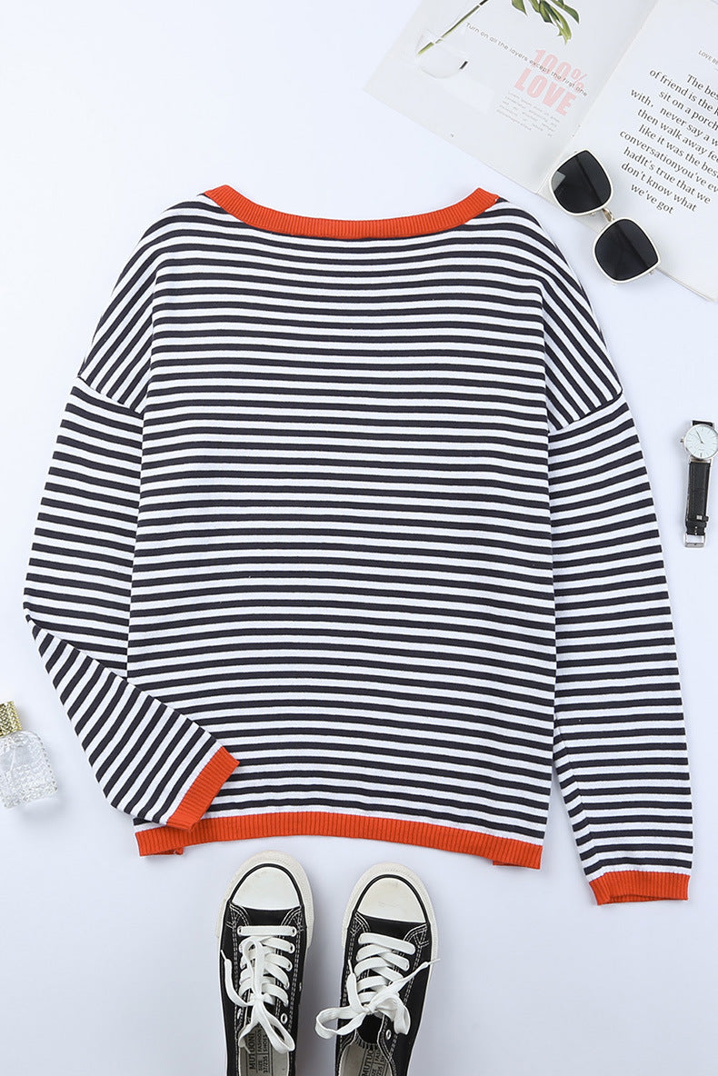 Contrast Striped Drop Shoulder Sweater