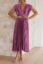 Satin Pleated V-Neck Midi Dress