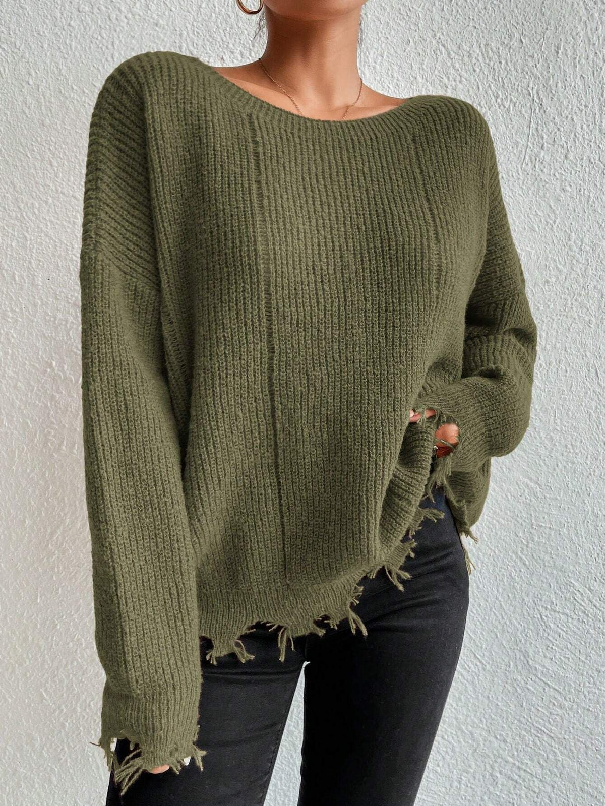 Solid Ripped Bottom Hemline Knit Sweater
