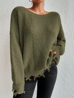 Solid Ripped Bottom Hemline Knit Sweater