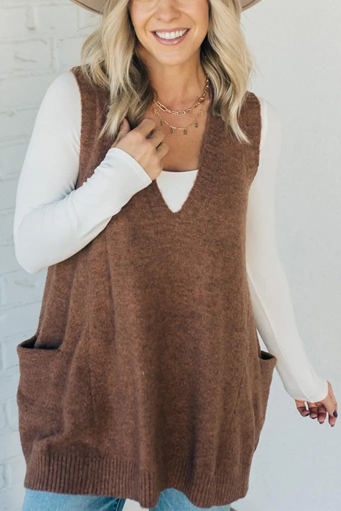 V-neck Pocket Knitted Vest Sleeveless Sweater