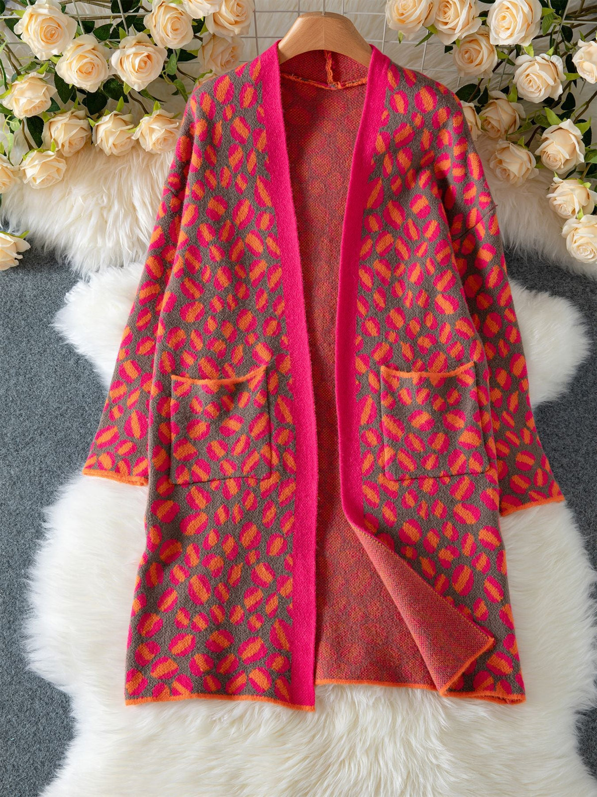 Hot Pink Leopard Print Long Cardigan Coat