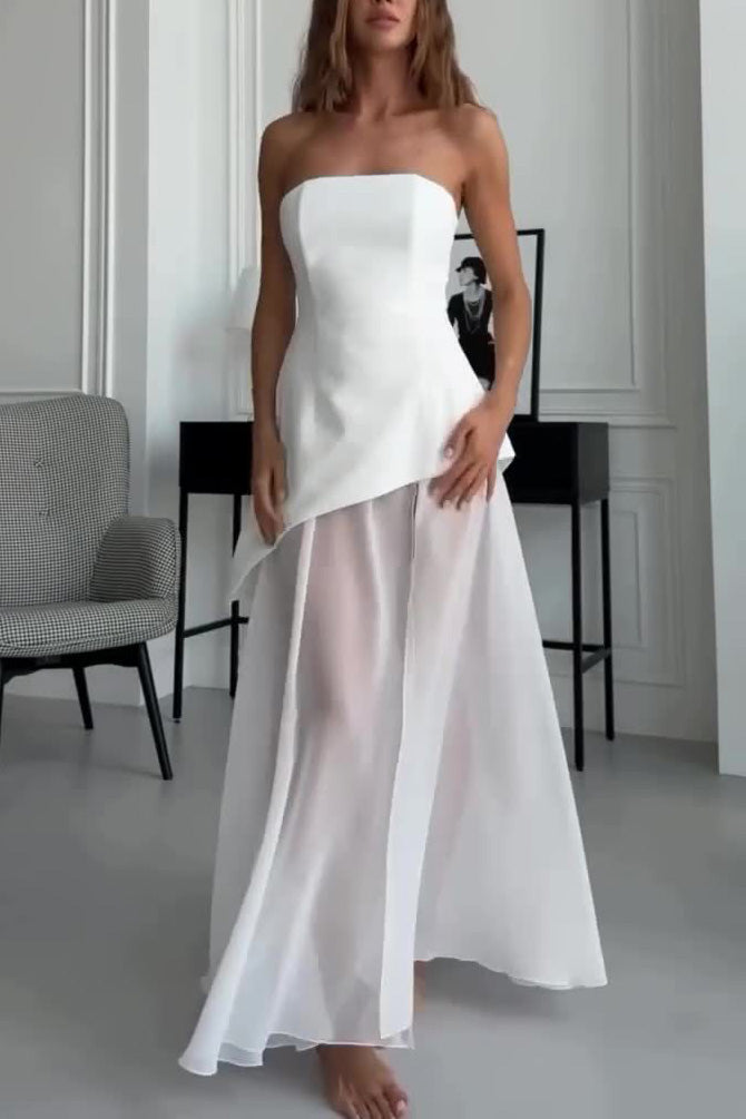 White Strapless Tube Semi-Sheer Midi Dress