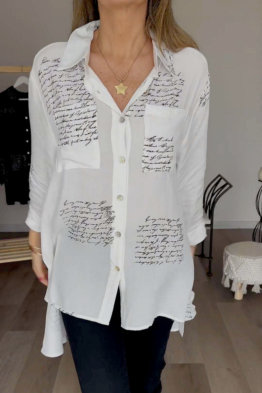 Long Letter Print Loose Shirt