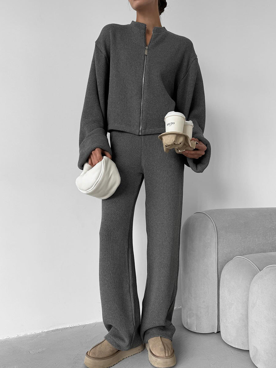 Ribbed Knit Zippered Jacket and Pants Two-Piece Suit