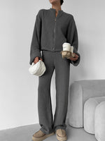 Ribbed Knit Zippered Jacket and Pants Two-Piece Suit