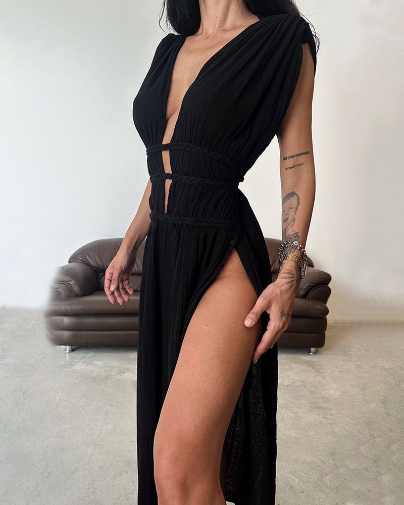 Pleated Linen Sleeveless Braided Trim Maxi Dress
