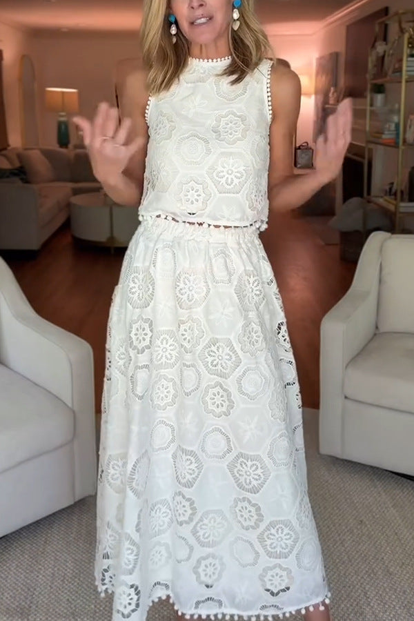 White Crochet Floral Tank and Maxi Skirt Two-Piece Suit