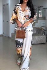 Panoramic Printed Chiffon Shirt and Wide-Leg Pants Two-Piece Set