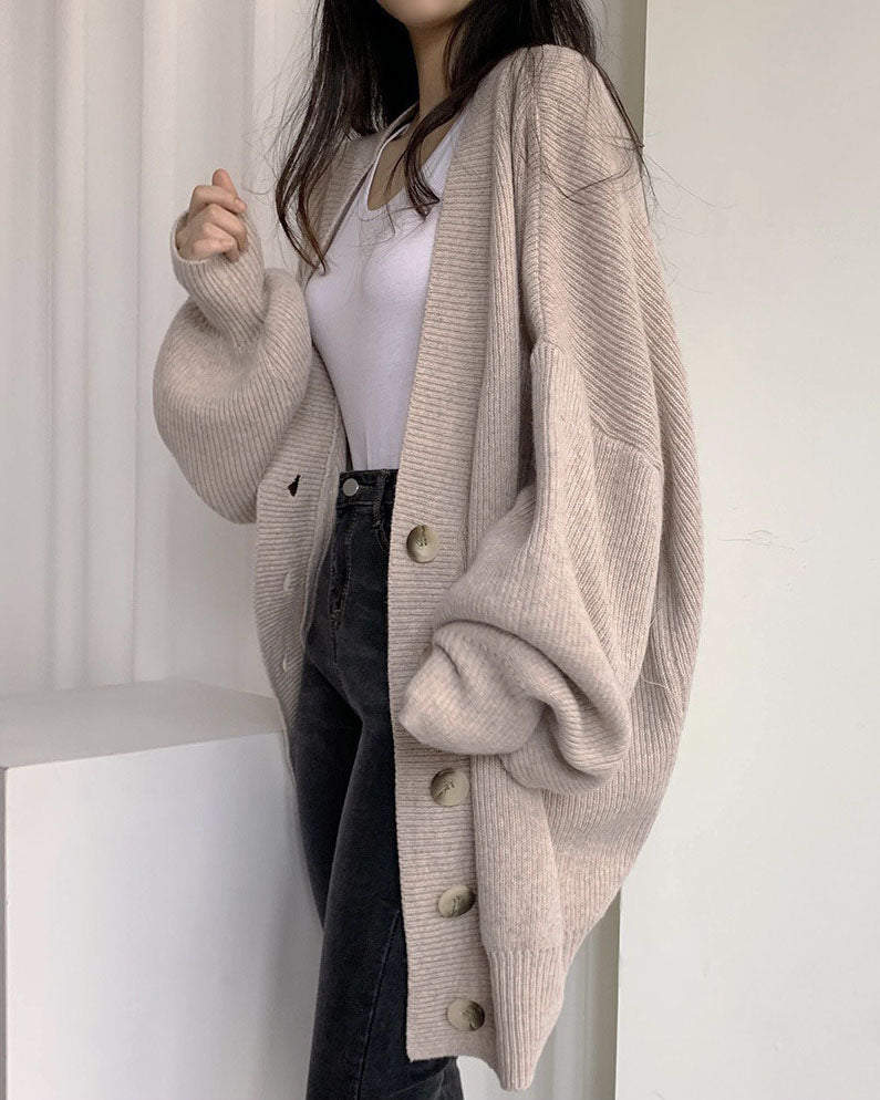 Casual Ribbed Knit Lantern Sleeve Cardigan
