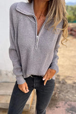 Solid Ribbed Knit Zipper Pullover Sweater