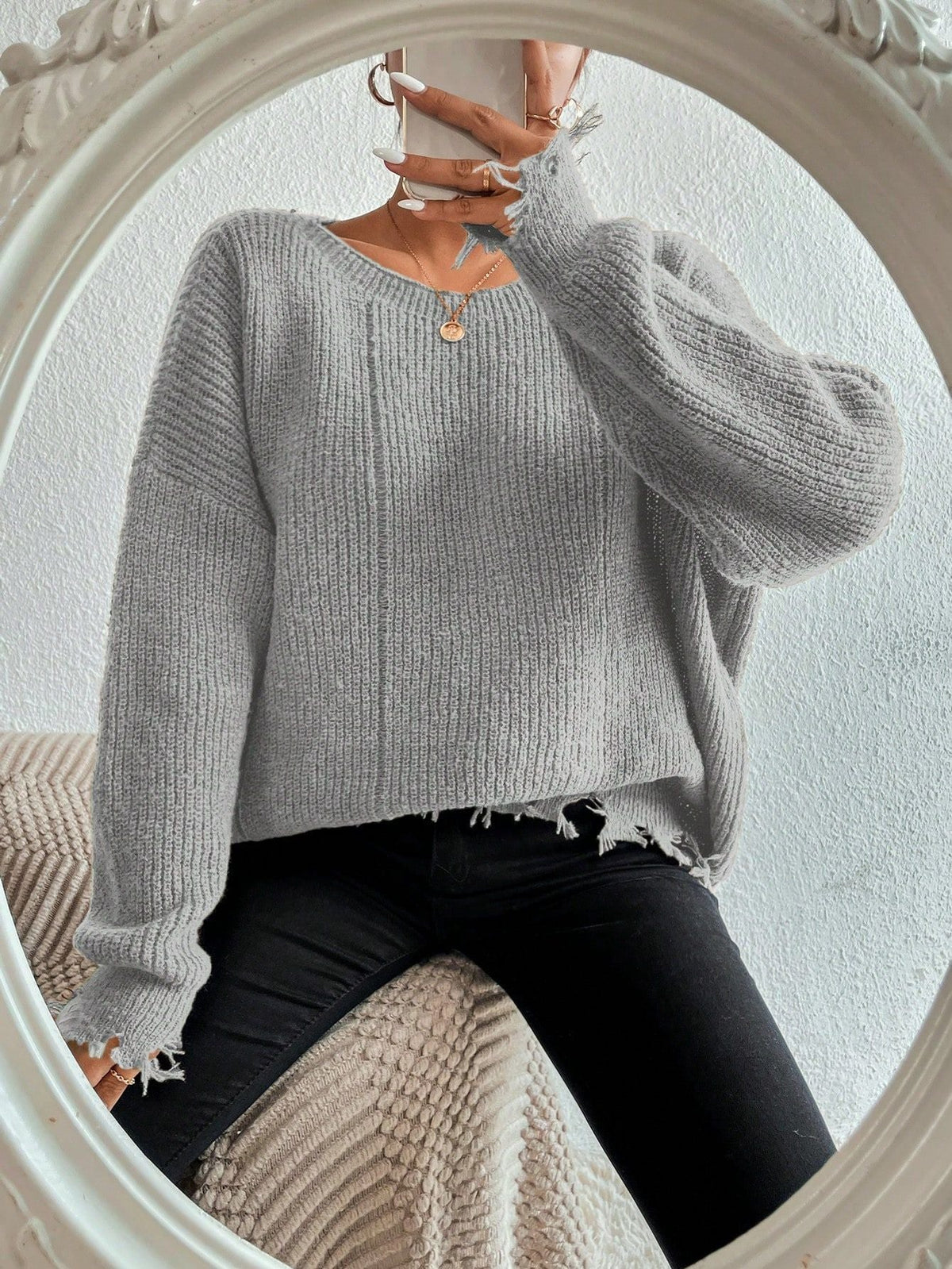 Solid Ripped Bottom Hemline Knit Sweater