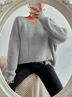 Solid Ripped Bottom Hemline Knit Sweater