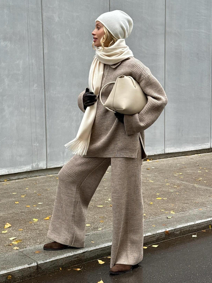 Cozy Ribbed Knit Sweater and Wide-Leg Pants Two-Piece Set