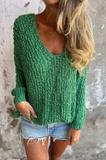 Chunky Knitted V-neck Long Sleeves Sweater