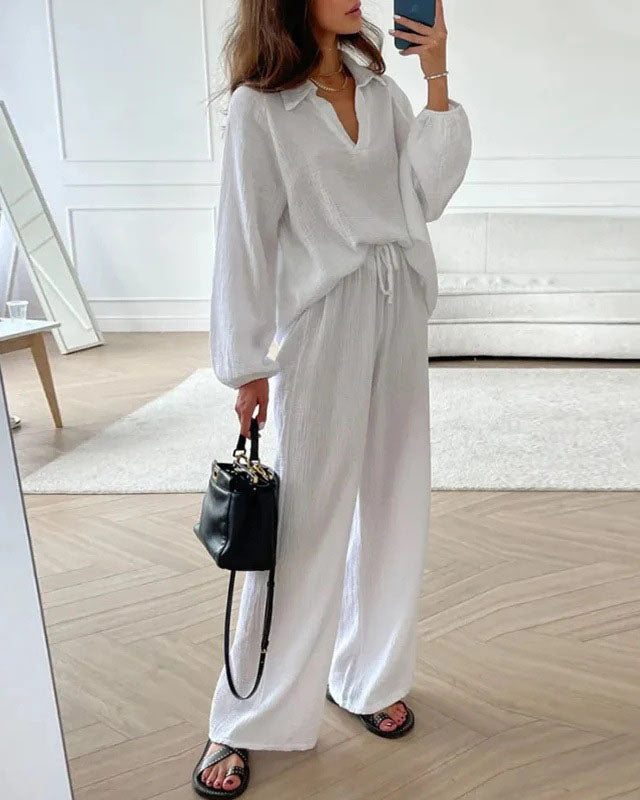 Long Sleeve Top and Drawstring Pants Crepe Two Piece Set