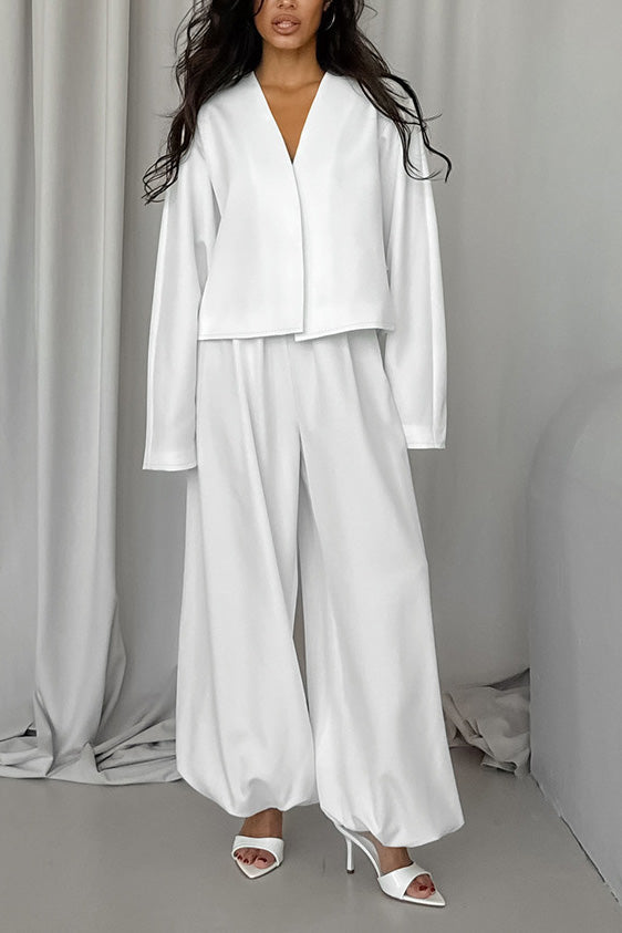 Neat V-neck Top and Loose Trousers Two-Piece Suit