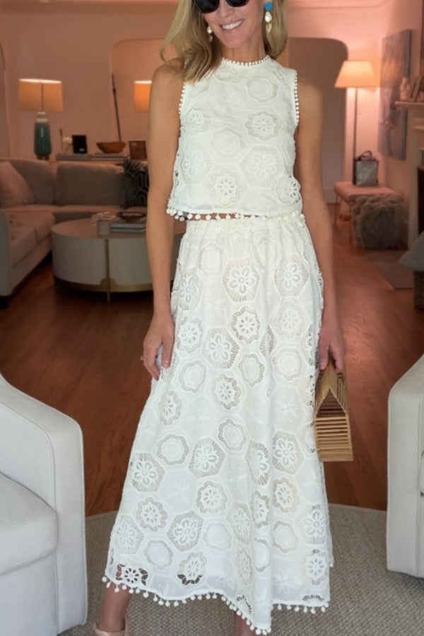 White Crochet Floral Tank and Maxi Skirt Two-Piece Suit