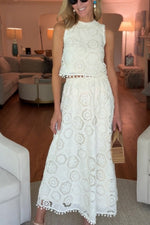 White Crochet Floral Tank and Maxi Skirt Two-Piece Suit