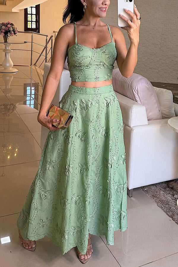 Green Camisole Top and Maxi Skirt Two-Piece set