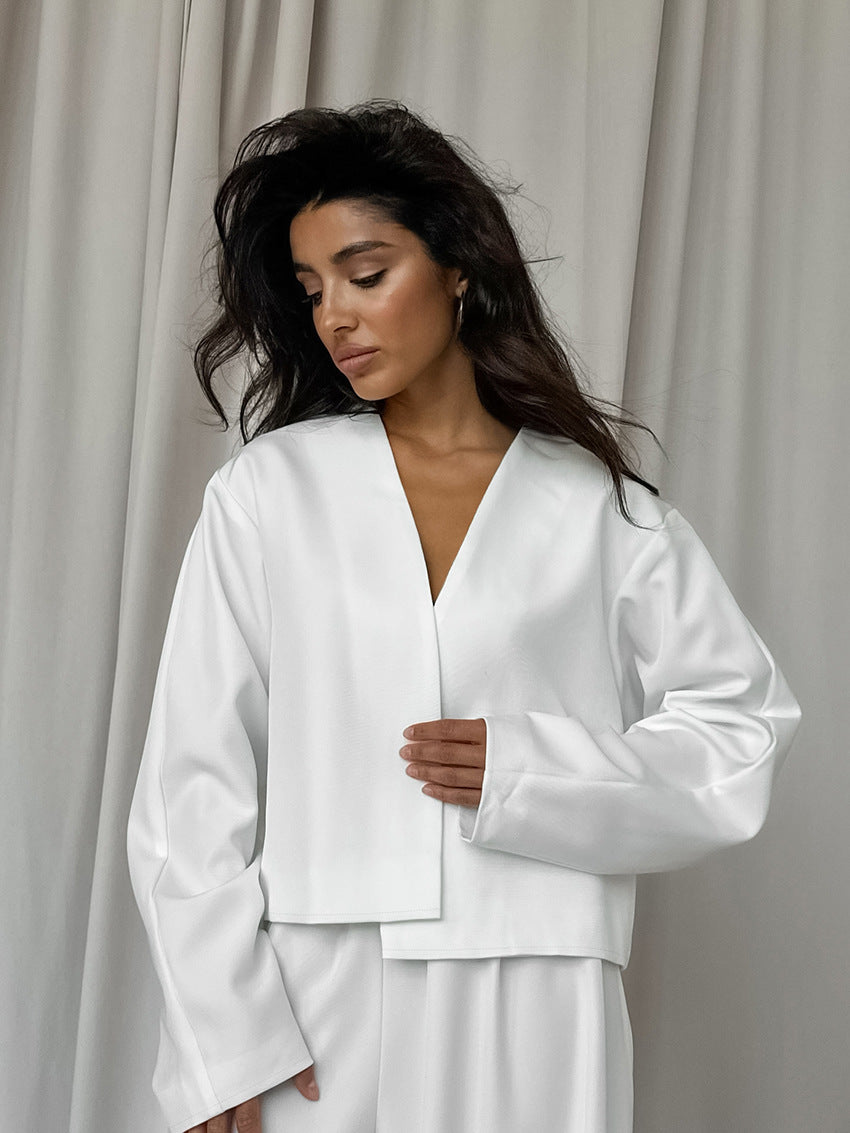 Neat V-neck Top and Loose Trousers Two-Piece Suit