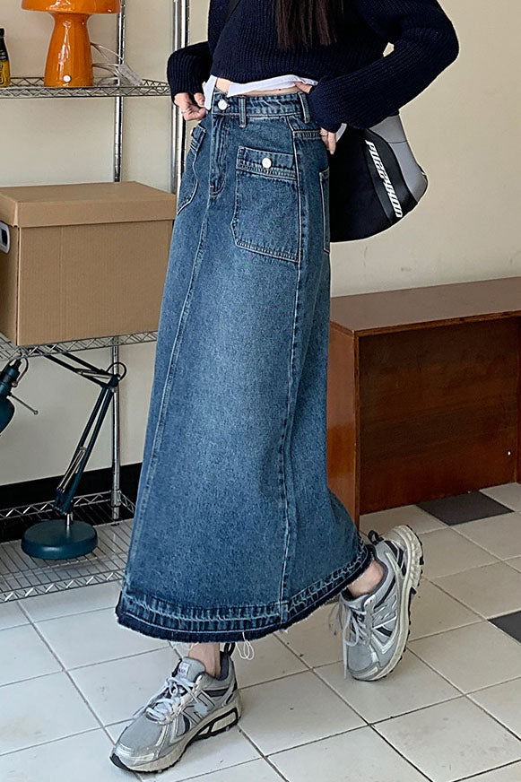 Blue Washed Patched Pockets Denim skirt
