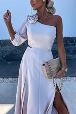 Rosette One-Shoulder Split Satin Midi Dress
