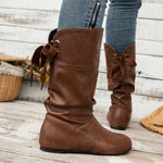 Back-Tie Trim Mid-Calf Leather Boots