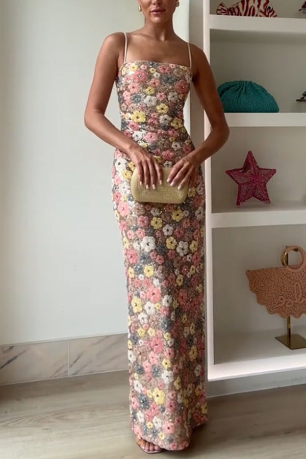 Embroidered Floral Slim Fit Slip Midi Dress