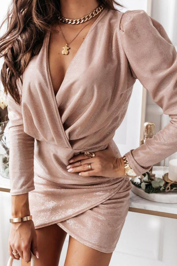 Solid Long Sleeves Surplice Mini Dress