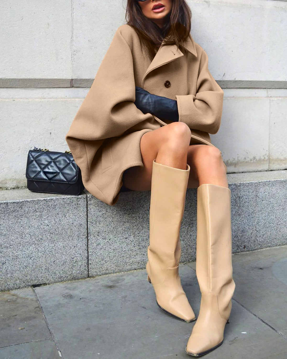 Brown Batwing Sleeve Woolen Coat