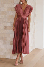 Satin Pleated V-Neck Midi Dress