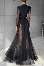 Black Long-Sleeved Top and Mesh Paneled Skirt Two-Piece Set