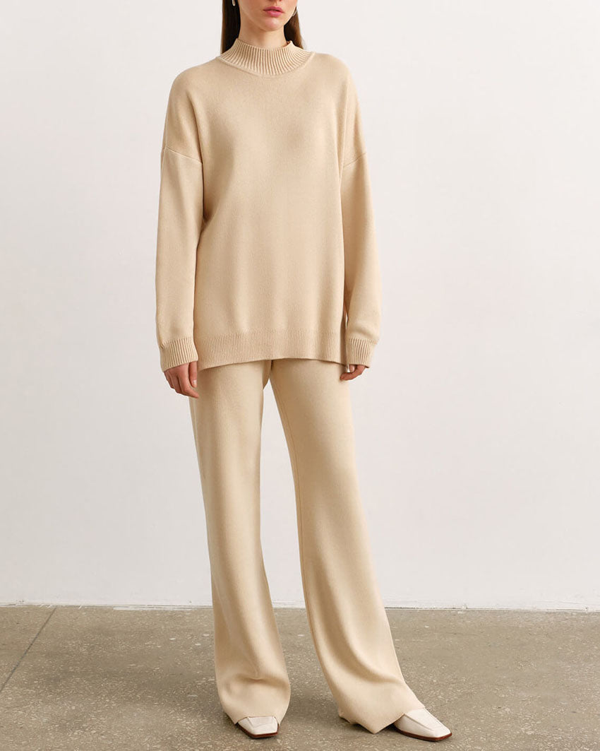 Solid Knitted Split Sweater and Pants Two-Piece Set