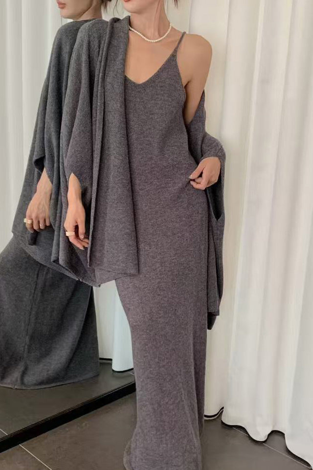 Chic Shawl Coat and Midi Dress Knit Two Piece Suit