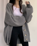 Casual Ribbed Knit Lantern Sleeve Cardigan