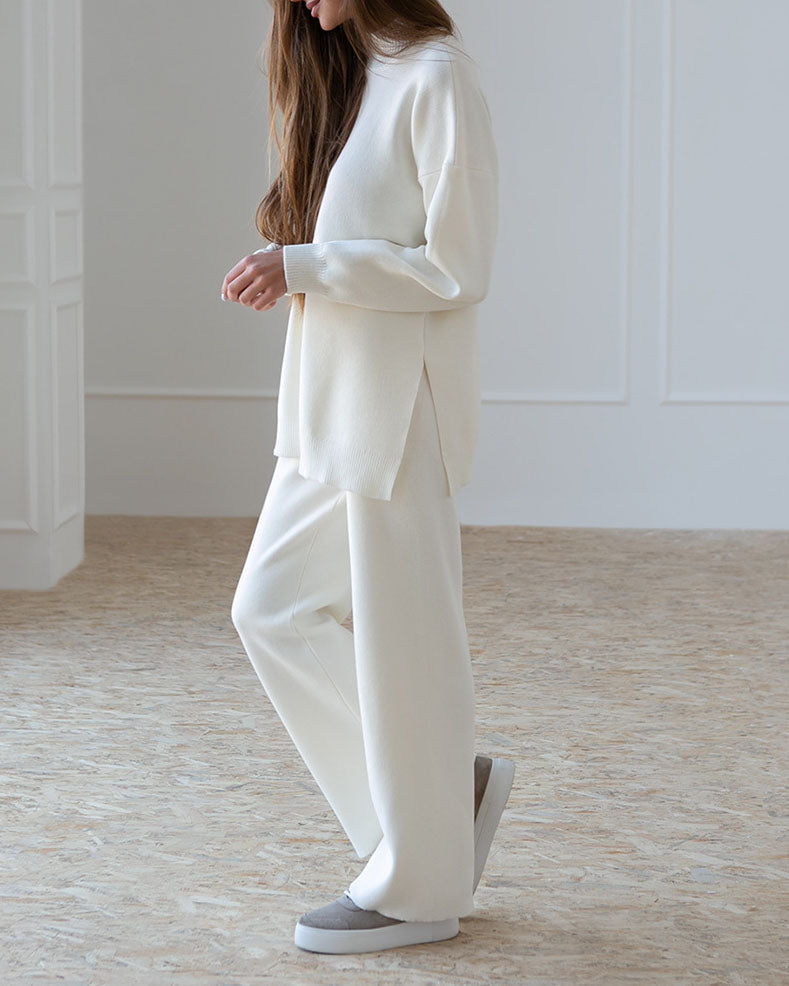 Solid Knitted Split Sweater and Pants Two-Piece Set