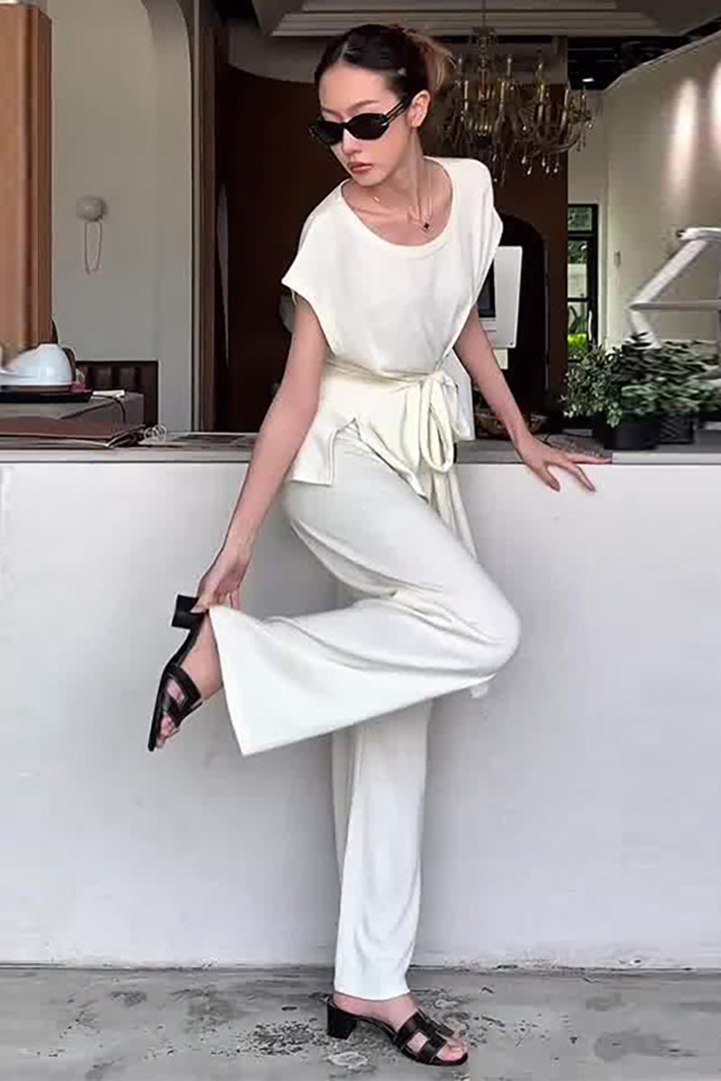 White Tie-waisted top with Wide-Leg Two-Piece Set
