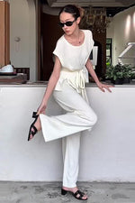 White Tie-waisted Top and Wide-Leg Pants Two-Piece Set