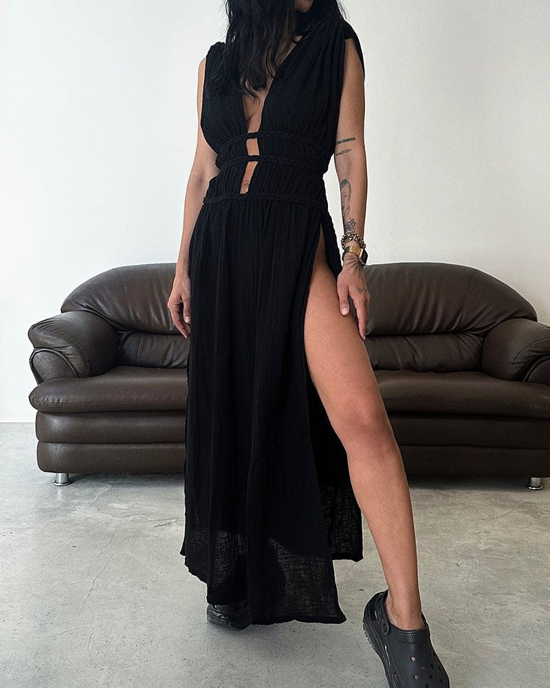 Pleated Linen Sleeveless Braided Trim Maxi Dress