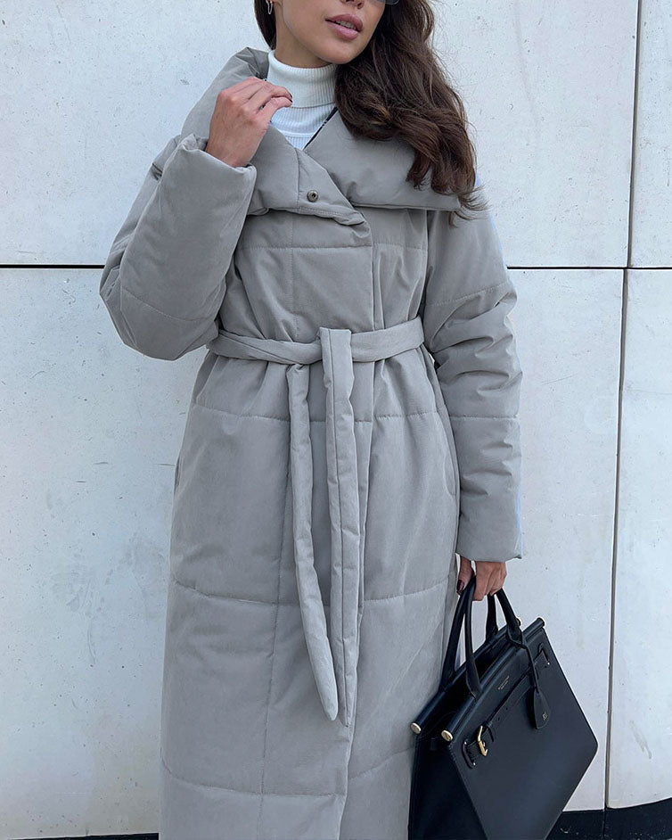 Large Lapel Tie Belted Long Cotton-Pad coat