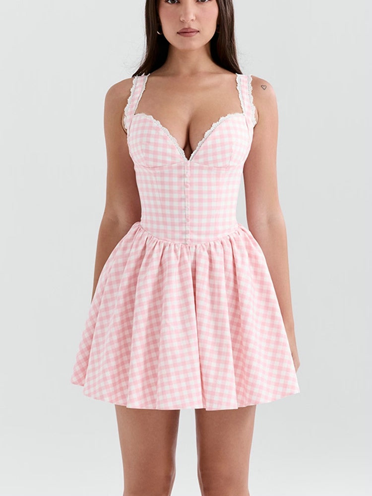 Pink Gingham Print Mini Dress