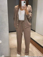 Casual Button-Down Knitted Top and Pants Two-Piece Set