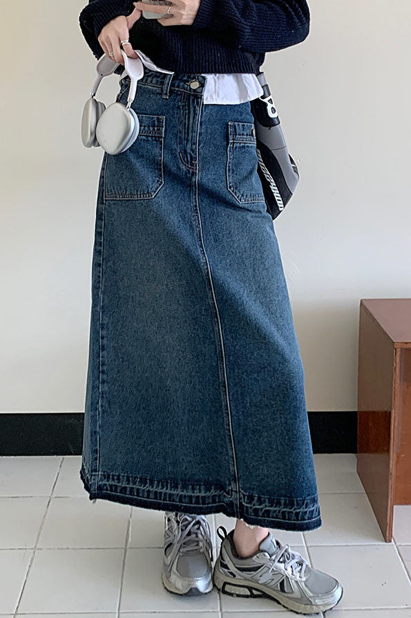 Blue Washed Patched Pockets Denim skirt