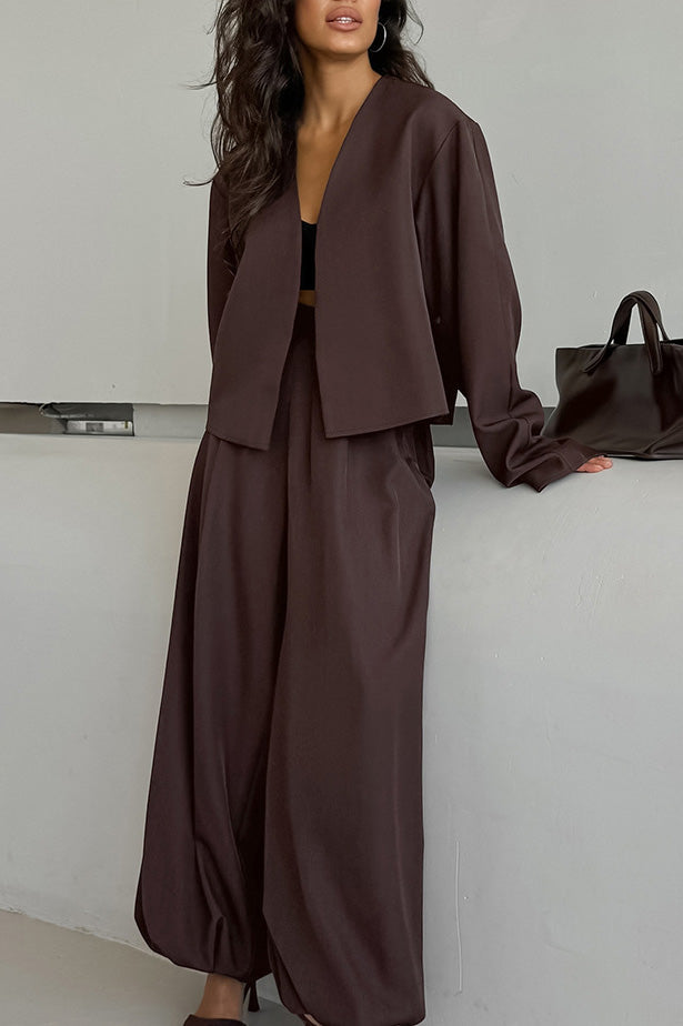 Neat V-neck Top and Loose Trousers Two-Piece Suit