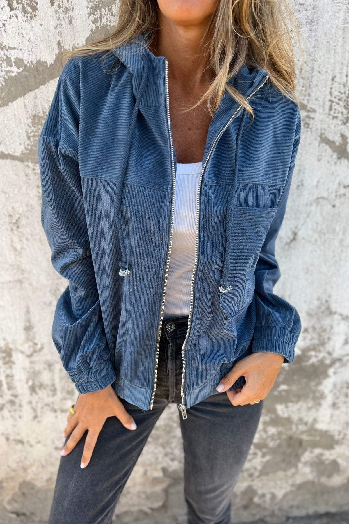 Casual Corduroy Hooded Zip-Up Jacket