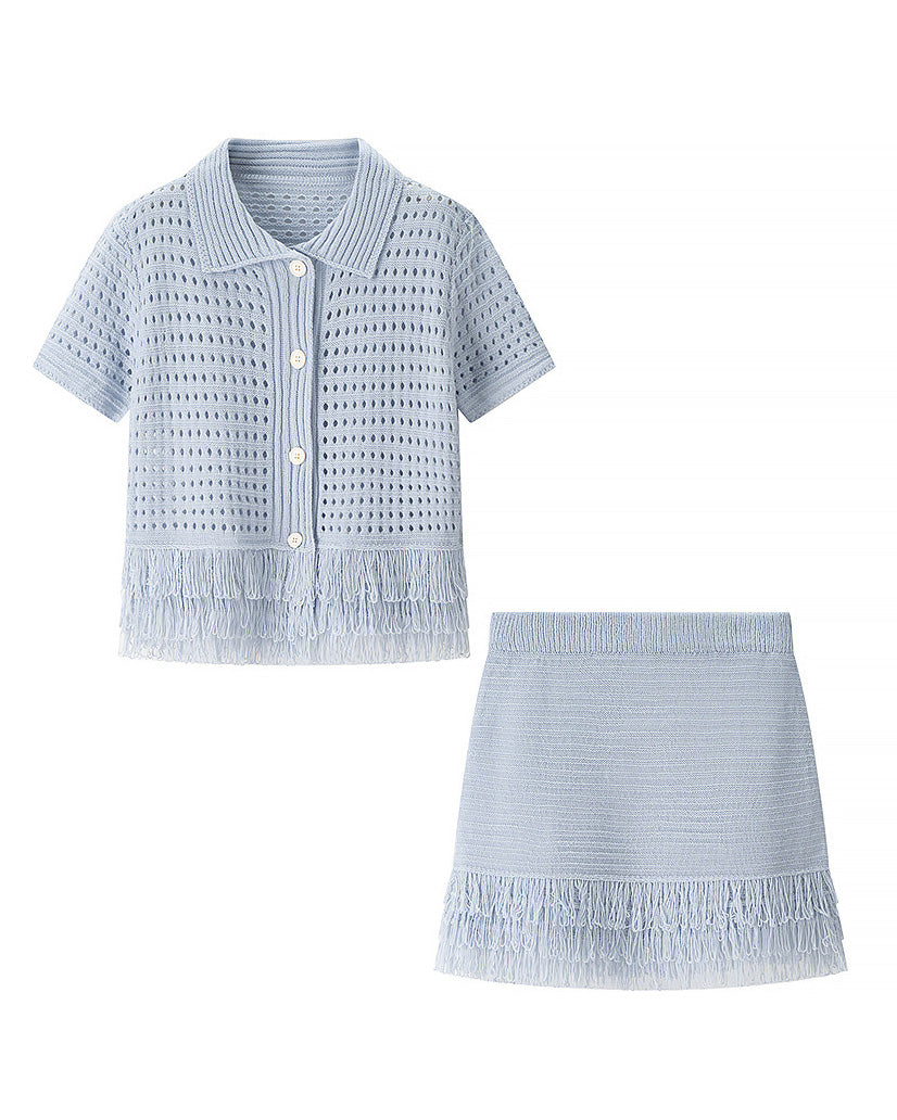 Tassel Short-Sleeved Knit Top and Miniskirt Two-Piece Set