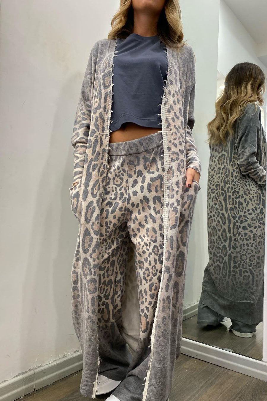 Leopard Print Long Sleeve Cardigan and Pants Two Piece Sets