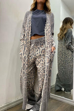 Leopard Print Long Sleeve Cardigan and Pants Two Piece Sets