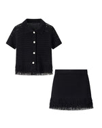 Tassel Short-Sleeved Knit Top and Miniskirt Two-Piece Set